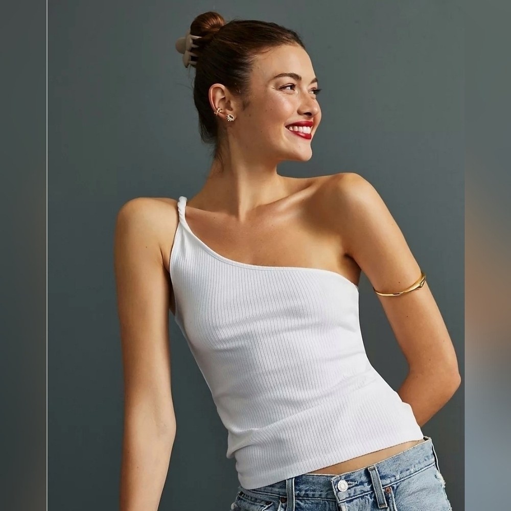 Anthropologie Pilcro New White Ribbed One Shoulder Tank Top Size Large Neutral - Picture 3 of 15